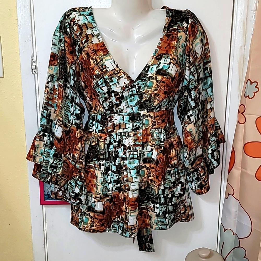 Betsey Johnson blouse multicolored abstract y2k flowy lightweight ties at waist
